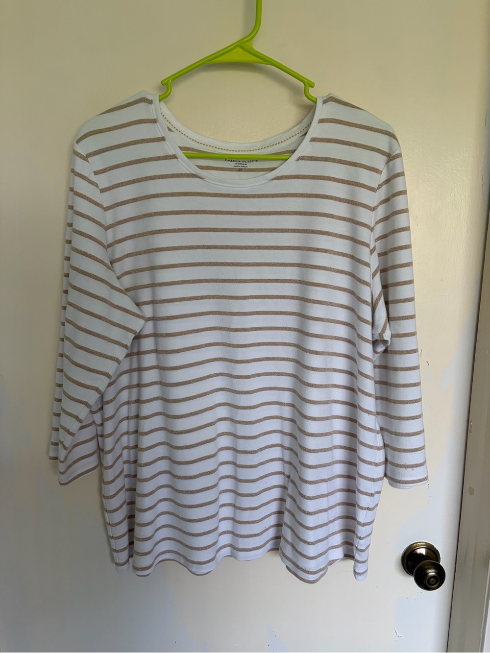 Laura Scott White and Beige Striped Long-Sleeve Top